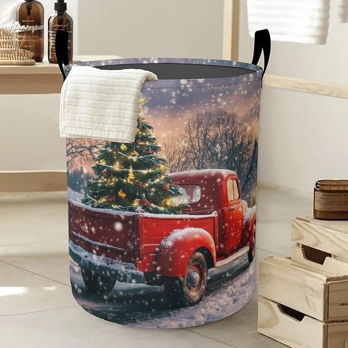 Christmas Laundry Basket, Retro Truck Tree Oxford Cloth Laundry Hamper With Handle Foldable Portable Clothes Storage Basket Storage Bag For Laundry Room/Bathroom/Bedroom/Dormitories