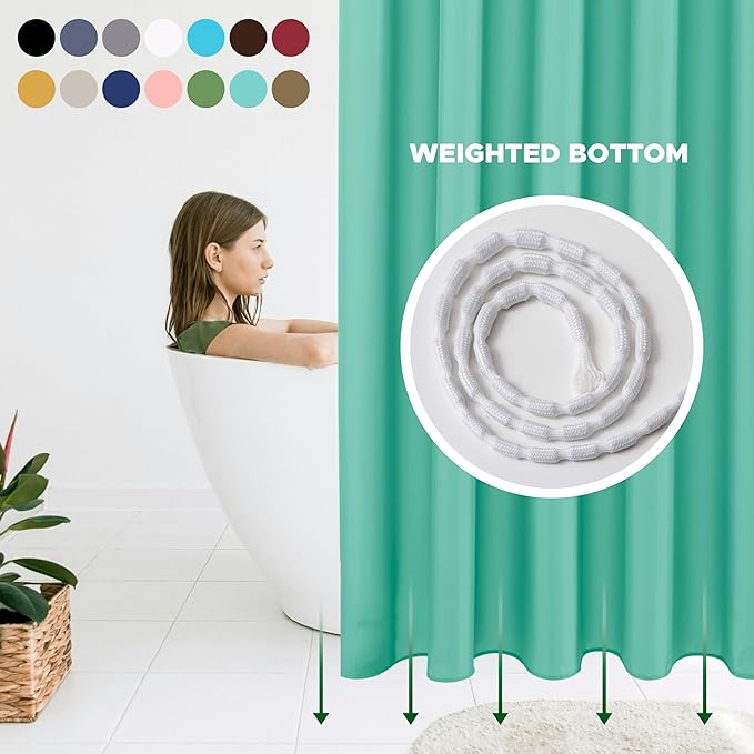 Biscaynebay Quality Fabric Shower Curtain Liners 72 Inch by 72 Inch, Teal Water Resistant Bathroom Curtains Rust Resistant Grommets & Weighted Bottom Hem Machine Washable