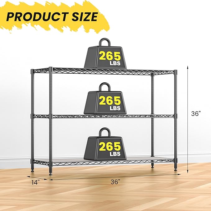 RackBro 795LBS 3-Shelf Adjustable Storage Shelves 36" W x 14" D x 36" H Metal Shelving Unit Heavy Duty Wire Rack Small Organizer with 3 Shelf Liners for Kitchen Pantry Bathroom Closet Garage Black