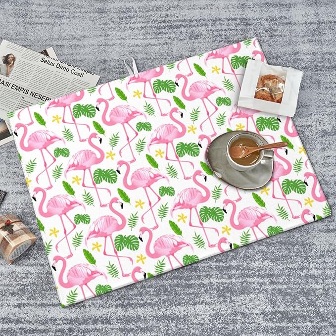 Pink Flamingo Leaf Dish Drying Mat 18x24 For Kitchen Counter Absorbent Microfiber Dishes Pad Dish Drainer Rack Mats Fast Dry Kitchen Accessories