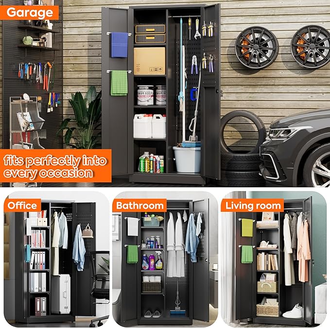 Aobabo Broom Closet Storage Cabinet, Lockable Garage Storage Cabinet for Home Garage, 71.37" H×33.93" W×16.92" D, Assembly Required, Black