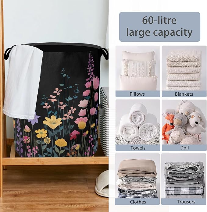 Vintage Wildflowers Laundry Basket,Garden Herb Oxford Cloth Laundry Hamper with Handle Foldable Portable Clothes Storage Basket for Bathroom Bedroom Dorm Room 16" x 20.8"