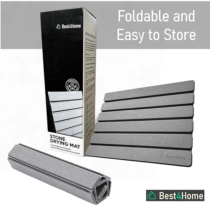 BEST4HOME Stone Drying Mat for Kitchen Counter - Grey 12x16In Dish Drying Mat - Foldable Diatomite Stone Dish Rack - Absorbent Diatomaceous Earth Non-Slip Tray for Bathroom