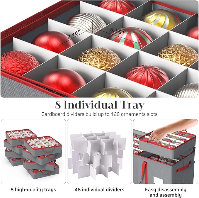 Christmas Ornament Storage Box with 8 Trays, Christmas Storage Container for 128-3'' Holiday Ornament Decorations, Large Xmas Organizer with Adjustable Dividers, Dual Zipper and Pocket (Grey)