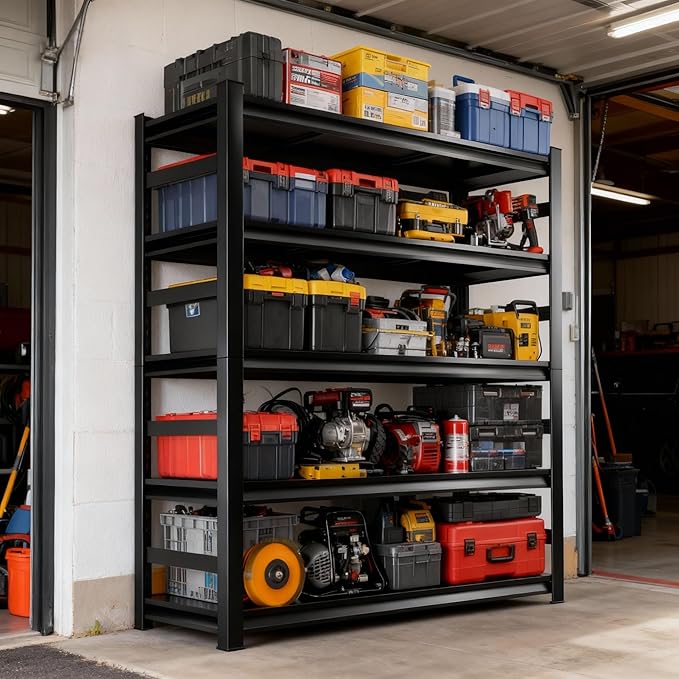 Metal Garage Shelving Unit, Heavy Duty 5-Tier Adjustable Storage shelves, Steel Shelving, 3000 lbs Capacity, Industrial Shelves for Heavy Tools and Equipment, Ideal for Garage, Basement, Black, 72"