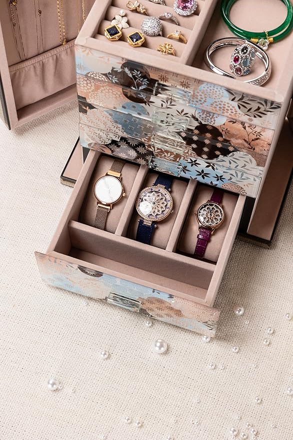 High End Glass Jewelry Box - 5 Layer Jewelry Organizer with 2-Sided Doors and Mirror - Velvet-Lined Organizer For Ring, Necklace, Earring, Bracelet Storage - Valentine's Day Gift For Women