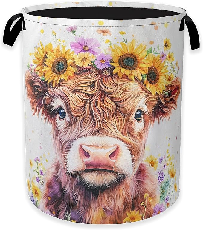 Collapsible Laundry Basket,Cute Highland Cow Dirty Clothes Hamper,Watercolor Flowers Hampers for Bedroom Waterproof Oxford Cloth Storage Organizer for Bathroom,Nursery,Dorm,16x20 Inch