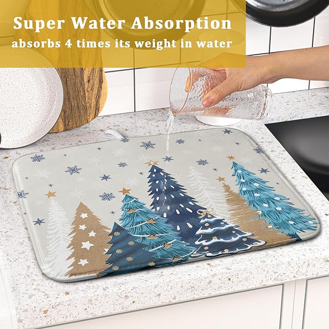 Christmas Tree Dish Drying Mat for Kitchen Counter 18x16 Inch Xmas Snowflake Drying Mat with Absorbent Reversible Microfiber House Blue Trees Dish Drainer Mats Rack Pad for Coffee Countertop Protector