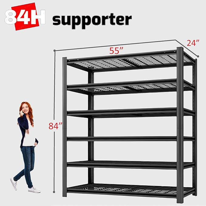 LI JIU HOME 6 Tier Metal Shelving Unit, Adjustable Storage Shelves, 84" H x 55" W x 24" D Heavy Duty Garage Shelves for Warehouse, Basement, Kitchen, Pantry, Living Room, Black (6T 84 * 55 * 24)