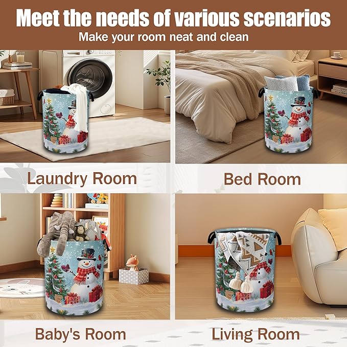 Christmas Laundry Baskets,Cute Snowman Laundry Hamper,Storage Basket with Handles for Bathroom Bedroom College Dormitory Living Room Nursery Organizer 16"x20.8"