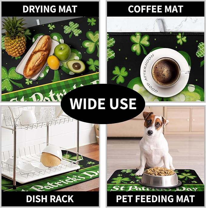 Happy St. Patrick's Day Kitchen Drying Mat Green Plaid Lucky Shamrock Clover Dish Drying Mat St Patrick's Day Super Absorbent Dish Dry Pad Microfiber Dish Drainer Mats for Kitchen Counter 18x24 Inch