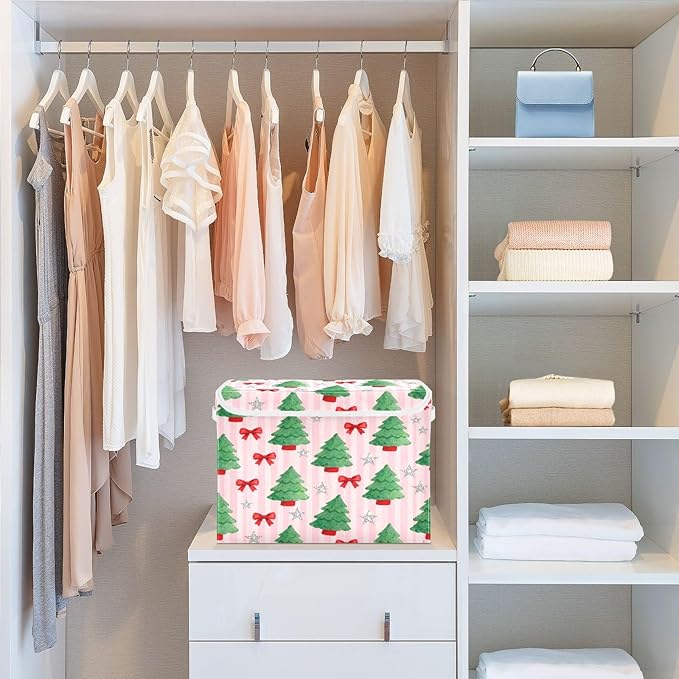 Christmas Tree Bows Stars Storage Bins with Lids Foldable Storage Basket with Handles Collapsible Large Fabric Organizer Containers for Clothes Shelves Closet Office Home
