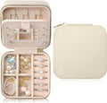 Genuine Leather Travel Jewelry Case Organizer with Mirror for Women, Small Jewelry Box Portable Mini Jewelry Case for Earring, Ring, Necklace, Bracelet(Beige)