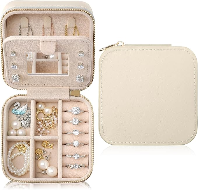 Genuine Leather Travel Jewelry Case Organizer with Mirror for Women, Small Jewelry Box Portable Mini Jewelry Case for Earring, Ring, Necklace, Bracelet(Beige)