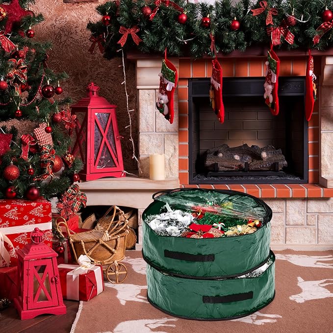 4 Pcs Christmas Wreath Storage Bag, Christmas Garland Storage Container with Clear Window, Zipper & Handle for Xmas Holiday Seasonal Wreath Garland Box(Green,24")