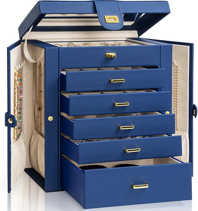 AKOZLIN Large Jewelry Box Organizer Functional Lockable with Big Mirror, Leather Jewelry Storage Case for Women Girls Ring Necklace Earring Bracelet Holder Organizer Blue