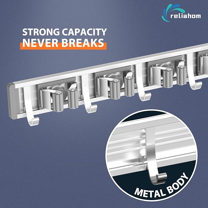 reliahom Broom Holder Wall Mount Mop and Broom Hanger Wall Mounted Garage Storage Rack Kitchen Garden Tool Organizer (4 Racks with 5 Hooks, Silver)