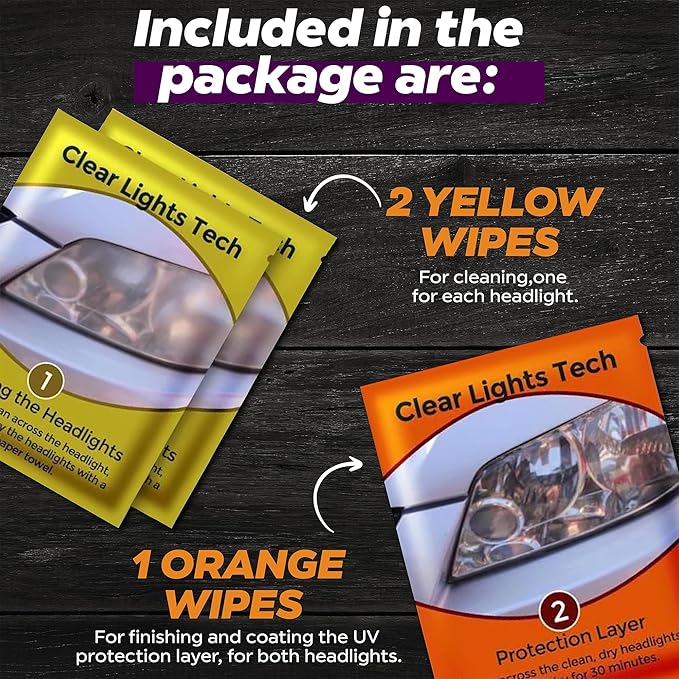 Clear Lights Tech, Headlight Restoration Kit - Headlight Cleaner 3-Wipe System, Restores Clarity, Removes Yellowing & Oxidation, Improves Nighttime Driving Safety, Long Lasting UV Protection.
