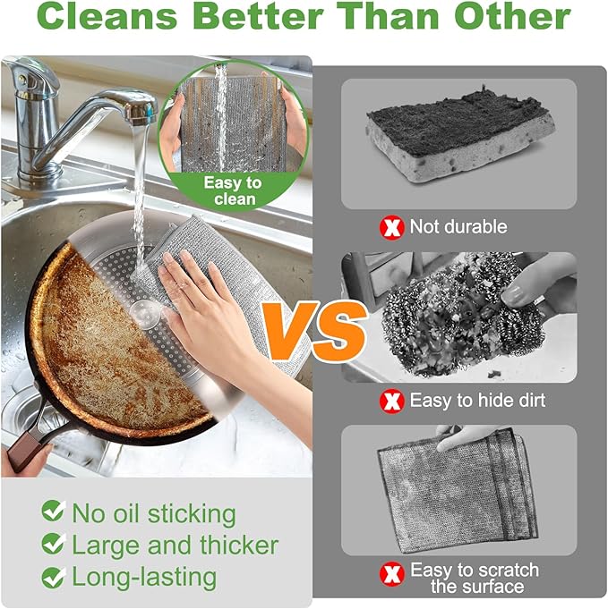 Jeymei 10 Counts Multipurpose Wire Dishwashing Rag,Non Scratch Wire Dishcloth,Microfiber Miracle Cleaning Cloth with Mesh,Dual-Sided Steel Mesh Cloth for Pot,Metal Scrubber for Washing Dishes,Grey