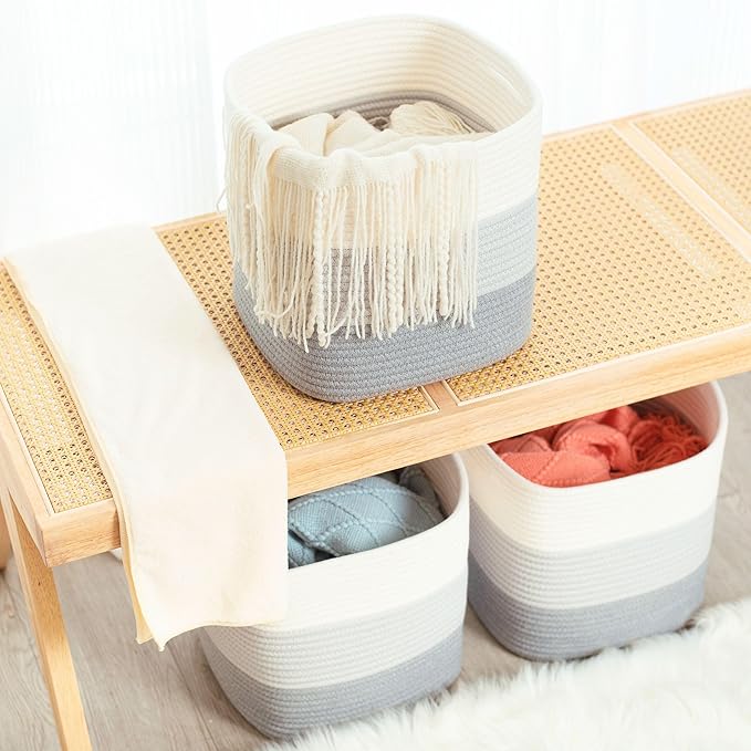 MINTWOOD Design 3-Pack 11x11 Inch Cube Storage Bin, Woven Organizer, Closet Cute Square Bins, Decorative Classroom Bathroom Pantry and Shelf Baskets, 3-Tone Grey (MD-203)