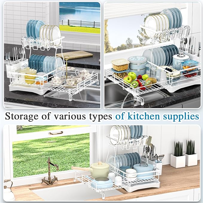 2 Tier Dish Drying Rack, Large Extendable Dish Racks for Kitchen Counter or Over Sink, Dishrack with Drainboard, 2-in-1 Anti-Rust Stainless Steel Dish Drainer with Utensil Holder & Cup Holder (white)