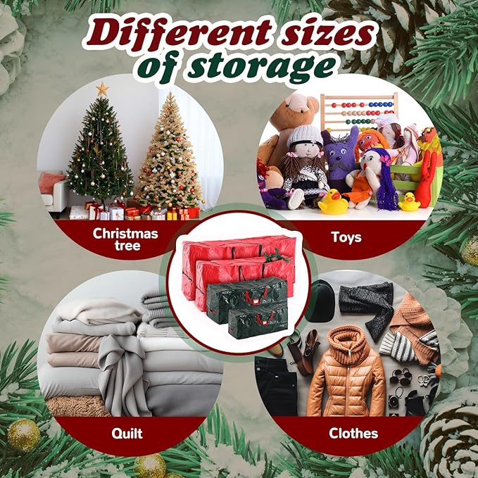Amylove 4 Pcs Large Christmas Tree Storage Bags Heavy Duty Xmas Zippered Bags Bulk Waterproof Plastic Christmas Tree Container with Carry Handles(12 Ft/ 9 Ft/ 7.5 Ft/ 4.5 ft,Red/Green)