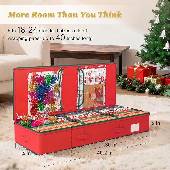 Criusia Gift Wrapping Paper Organizer Storage, Durable Underbed Storage Container Fits 24 Rolls, with Removable Dividers and Pockets for Ribbon, Ornaments, Holiday Accessories, Red