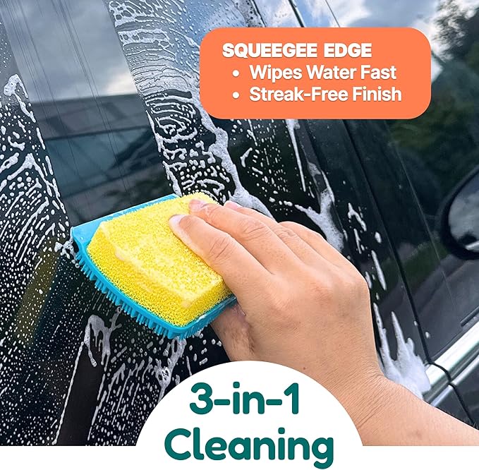 Flickly 3-in-1 Car Wash Sponge with Silicone Scrubber & Squeegee – All-in-One, Non-Scratch, Quick-Dry, Built to Last (Pink)