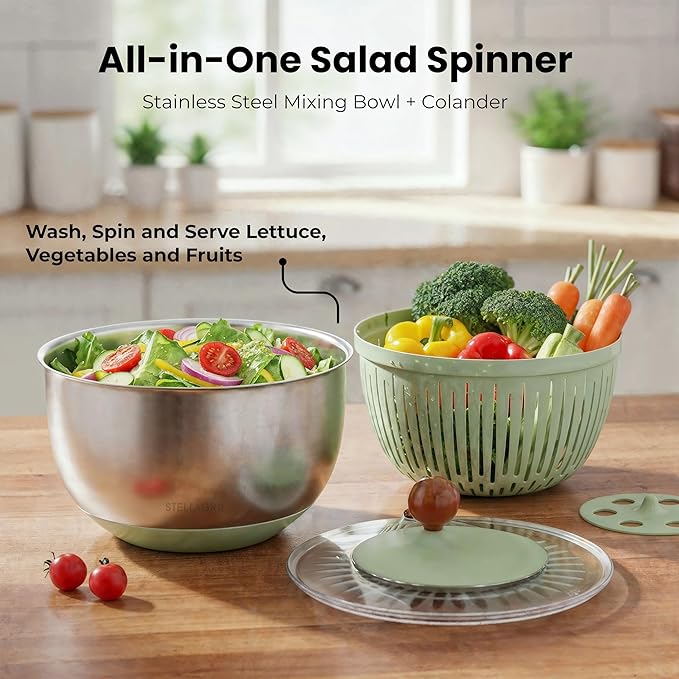 Stainless Steel Salad Spinner Large - Fruit and Vegetable Wash Bowl with Strainer - Lettuce Spinner, Fruit Cleaner, Collapsible Salad Dryer 5.3 Quart Capacity