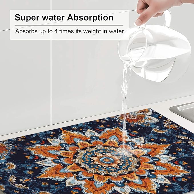 Mandala Flowers Dish Drying Mat for Kitchen Counter Microfiber Super Absorbent Non-Slip Dish Drying Pad for Countertops Dishes Utensils Stylish Quick-Dry Machine Washable 18x24 Inch
