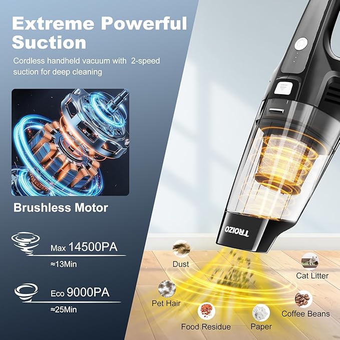 TROIZO Handheld Vacuum Cordless, 14500PA Powerful Suction Hand Held Vacuum Cleaner with Brushless Motor, Rechargeable and Portable Car Vacuum for Home Office Car Pet