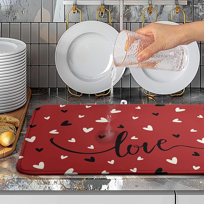 Wnoesat Valentine Dish Drying Mat for Kitchen Counter Valentines Day Red Black Love Heart Holiday Drying Mats Absorbent Microfiber Dish Draining Mat Extra Large Dish Rack Pad 18x24 Inch