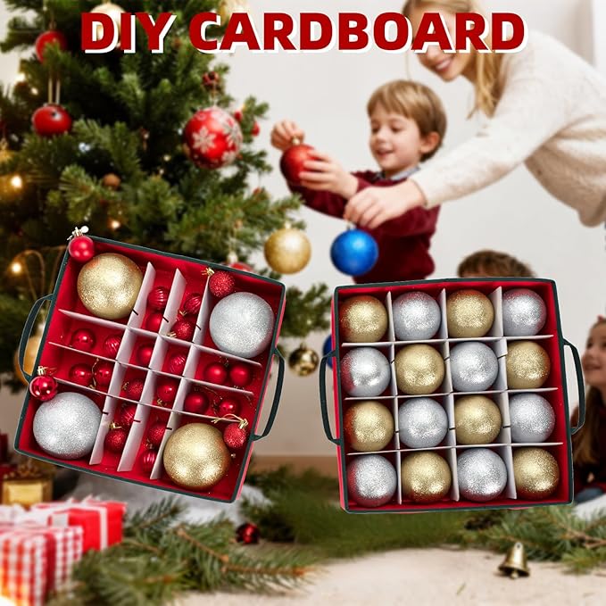 inin Christmas Ornament Storage Box with Adjustable Dividers,Christmas Ornaments Organizer with Zippered Top,Storage Container Bin with Side Pockets for Holiday Decorations(128 Ball, Red, with Tray)