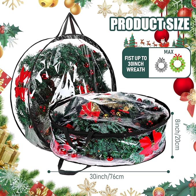 Shappy 4 Pieces Christmas Wreath Storage Container 30 Inch Wreath Plastic Storage Bags with Dual Zippers and Handles for Xmas Thanksgiving Holiday Artificial (Clear,Black)