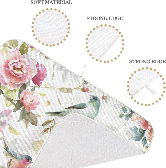 Floral Dish Drying Mat 18x24 Inch Watercolor Flower Bird Drying Mat Spring Summer Seasonal Absorbent Dish Drying Pad Dish Rack Drainer Mats for Kitchen Dining Counter