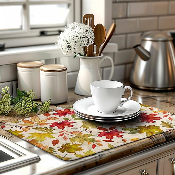 Wnoesat Fall Maple Leaves Dish Drying Mat for Kitchen Counter 18 x 24 Inch Autumn Thanksgiving Absorbent Reversible Microfiber Dish Draining Mat Washable Dish Drainer Rack Mat for Coffee Bar