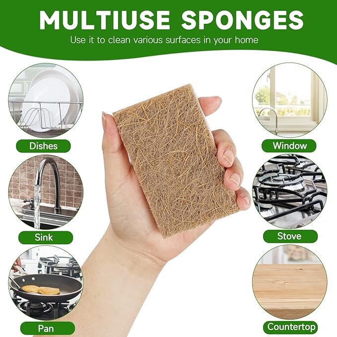 Rasket 10 Pack Biodegradable Natural Sponges Kitchen - Compostable Cellulose and Coconut Walnut Scrubber Sponge - Eco Friendly Sponges for Dishes