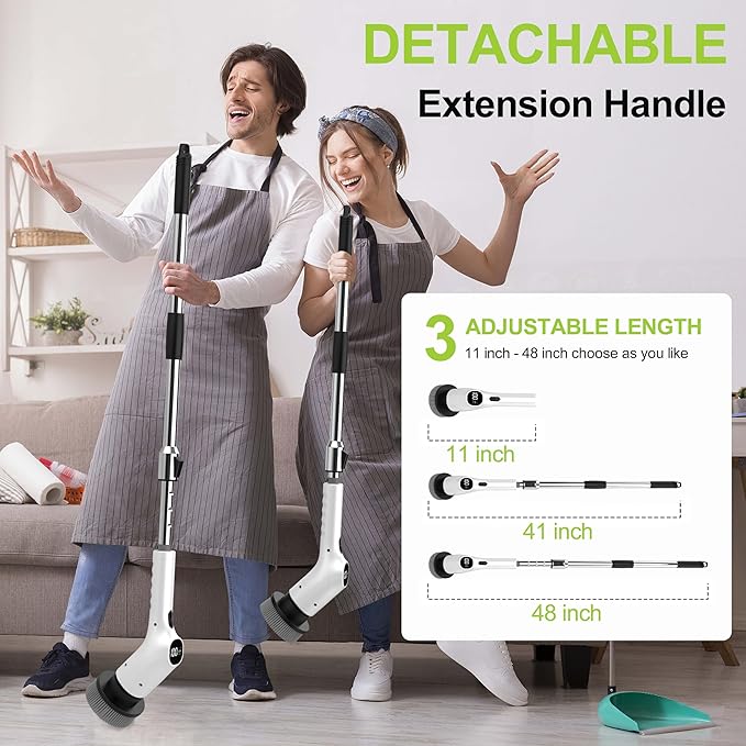 Wky G3 Electric Spin Scrubber - 10-in-1 Cordless Shower Scrubber & Cleaning Brush with Extendable Handle, 2 Speeds, IPX7 Waterproof Brush Heads, LED Display, Smart AI Chip,for Bathroom, Kitchen White