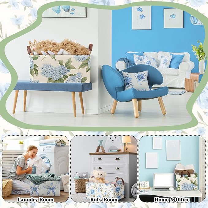 Boao 3 Pcs Blue Hydrangea Bow Storage Bin Flowers Collapsible Large Storage Baskets for Gifts Canvas Laundry Basket Foldable Box with Handle for Office Home Bedroom Clothes