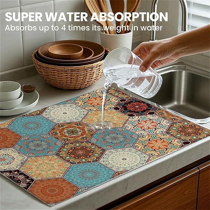 Dish Drying Mat For Kitchen Counter, Personalized Bohemian Microfiber Absorbent Dish Drainer Rack Pad Reusable Large 18x24in Drying Mat