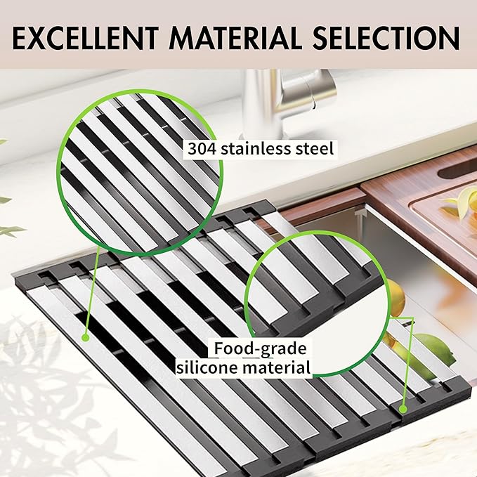 Miao Steward Over The Sink Kitchen Dish Drying Rack Organizer - Stainless Steel Collapsible Non-Slip Space-Saving [23.26 * 12.8IN] - Rust-Resistant Heat-Resistant Sturdy - Easy to Clean