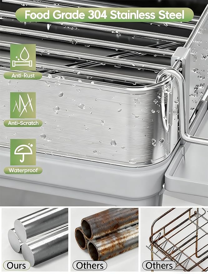 CosyPic Dish Racks, Thicker Premium 304 Stainless Steel Dish Drying Rack for Kitchen Counter, Automatic Drainage Spout, Dish Drainer & Drainboard Set with Utensil Holder and Cup Holder, Grey