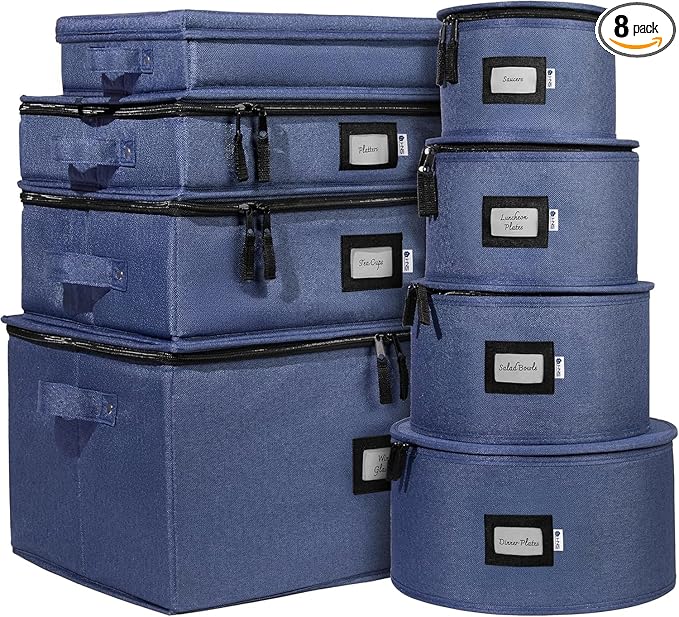China Storage Hard Shell Containers 8-Piece Set Moving Boxes for Dinnerware, Glasses, Plates, Mugs and Saucers Sturdy Dish Organizer with Dividers for Seasonal Storage - Service for 12 - Denim Blue
