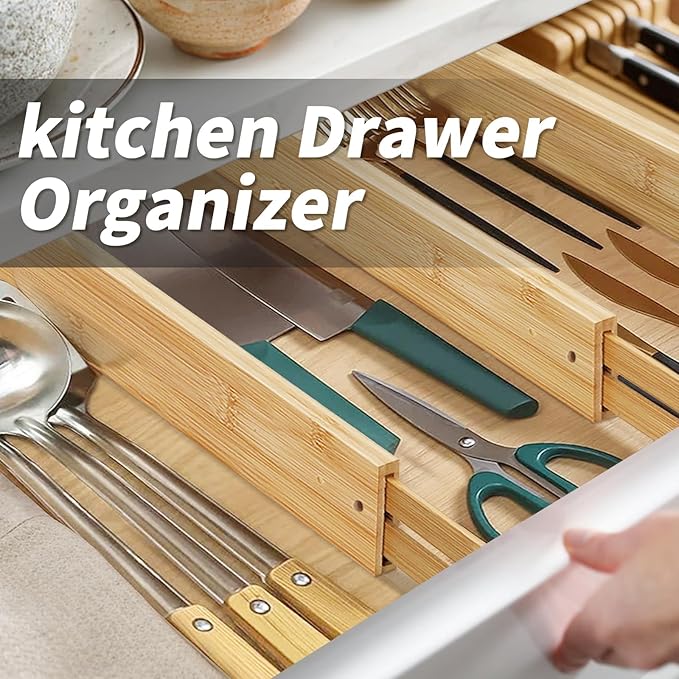 Aubeco 6 pcs Large Bamboo Drawer Dividers, Expandable 17"-22" Wooden Organizers for Kitchen, Office, Dresser, Bedroom, Clothes