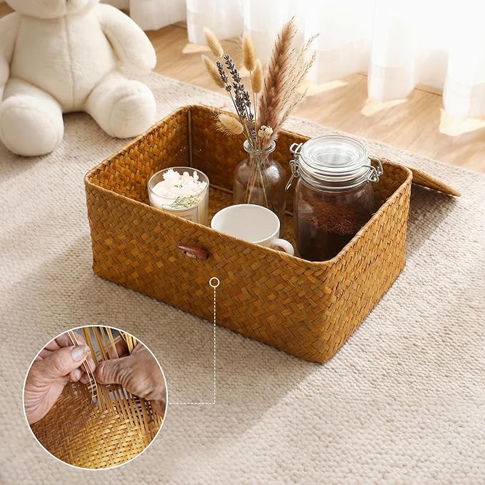 Wicker Shelf Baskets with Lid,Handwoven Seagrass Basket Storage Bins Rectangular Household Basket Boxes for Shelf Wardrobe Desktop Home Organization,Set of 3 Storage Baskets + 5 Storage Bags