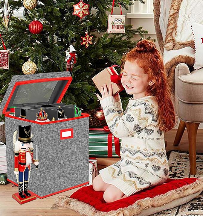 Christmas Nutcracker Collectibles Storage Box, Large Ornament Box for 9-16' Tall Nutcrackers, Ornaments (Red and Gray)