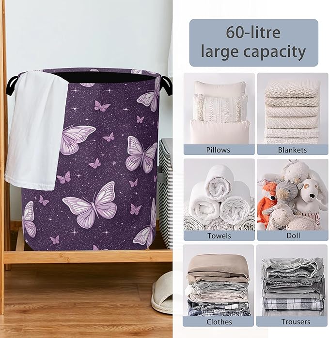 Purple Butterfly Laundry Basket,Oxford Cloth Laundry Hamper with Handle Foldable Portable Clothes Storage Basket for Bathroom Bedroom Dorm Room 16" x 20.8"