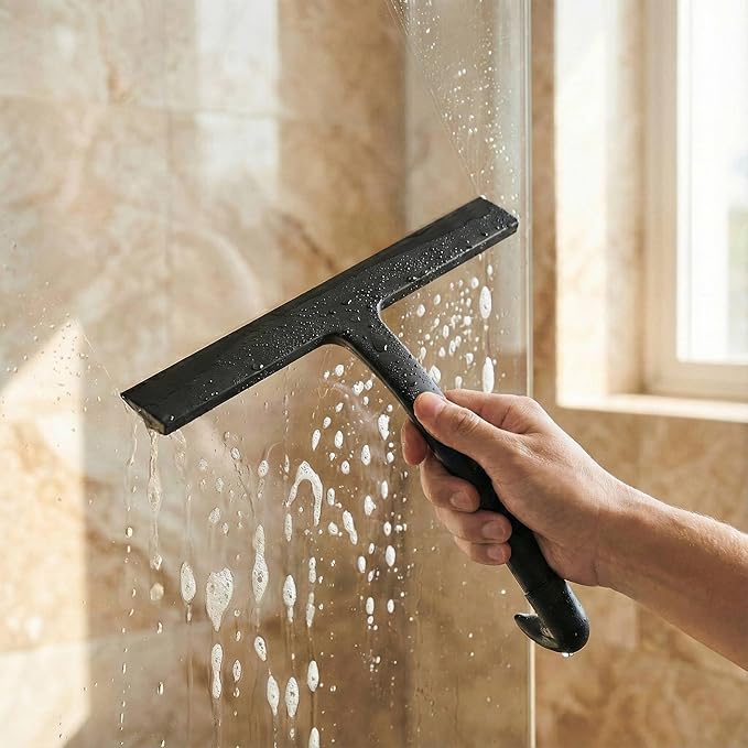 Shower Squeegee for Glass Doors, Hang Anywhere Silicone Shower Squeegee with Hook Design for Easy Hanging and Cleaning (Black)