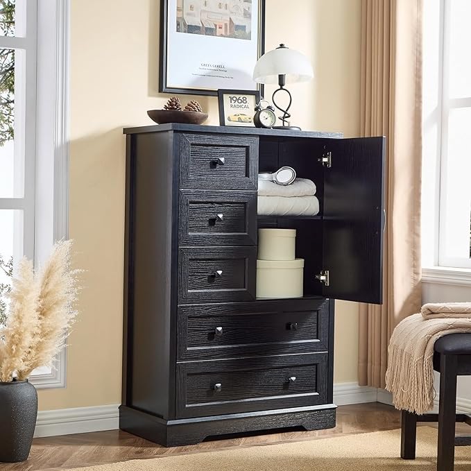 LIDYUK 5 Drawer Black Dresser for Bedroom Farmhouse Dresser Chest of Drawers, 48" Tall Clothes Organizer with Storage Cabinet Wood Chest of Drawers for Bedroom, Living Room