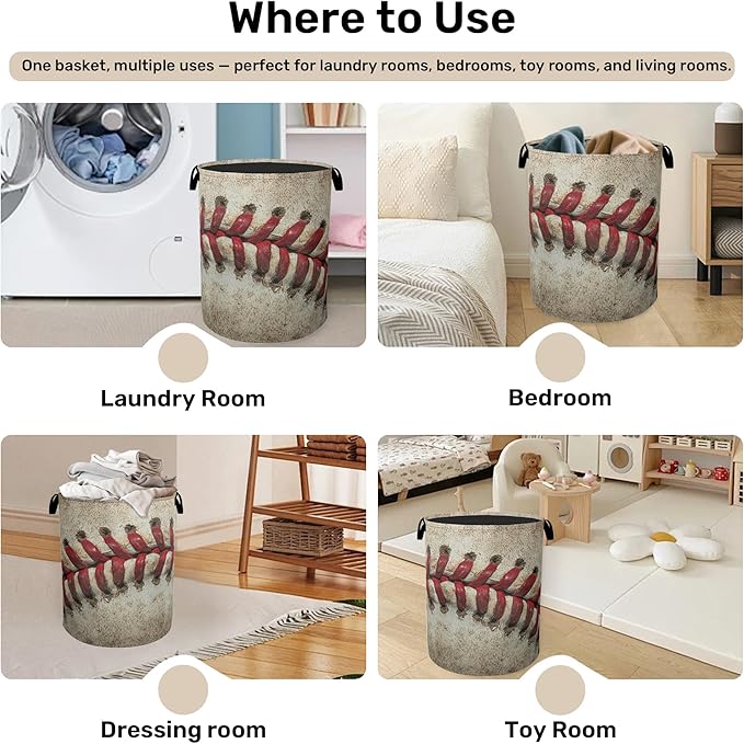 Retro Baseball Laundry Basket with Handles - Extra Large Foldable Hamper for Bathroom/Laundry/Bedroom/Dorm, Washable Fabric Storage Bin